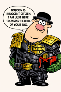 Cartoon illustration of Hector the Tax Inspector dressed as Judge Dredd, holding a helmet, with a speech bubble about assessing tax.